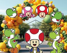 an image of cartoon characters in front of a mushroom and toad themed arch decoration with balloons