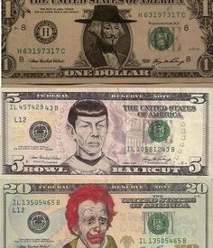 three different bills with clown faces on them