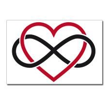 an infinite heart with two intertwined hearts in the middle, on white paper background