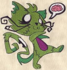 a drawing of a green cat with a thought bubble above its head