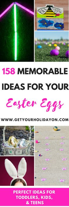 an easter egg hunt with text overlay that reads, 13 memorable ideas for your easter eggs