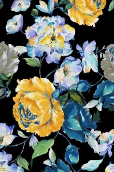 an image of flowers that are painted in watercolor and ink on black paper with blue, yellow and white colors