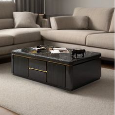 a living room with couches and a coffee table in the middle on carpeted floor