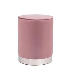 a pink stool with silver trim on the top and bottom, in front of a white background