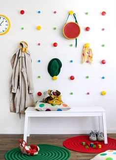 there are pictures of children's playrooms with toys on the wall and floor