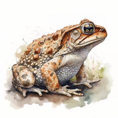 a brown and black frog sitting on top of a white ground next to watercolor paint