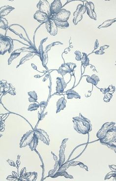 a blue and white wallpaper with flowers on it