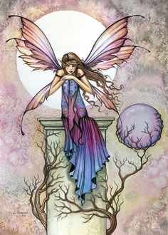 a painting of a fairy sitting on top of a pillar