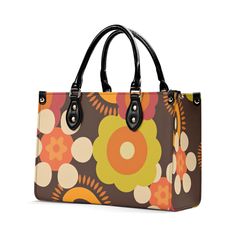 -Get groovy with our Flower Power 70s inspired handbag! -Made with PU leather, this retro bag is perfect for any occasion. -Bring some flower power to your outfit and turn heads with this unique and fun accessory. -Keep your essentials organized with its spacious interior and multiple pockets. -Give your style a funky twist with our Flower Power handbag! Upgrade your style with this New Version Luxury Women PU Leather Handbag. Crafted from premium PU leather, this handbag features a smooth zippe Retro Brown Shoulder Bag With Top Handle, Retro Brown Satchel Shoulder Bag, Retro Satchel With Leather Handles, Retro Brown Bag For Daily Use, Retro Bags With Leather Handles For Daily Use, Retro Satchel With Leather Handles For Shopping, Retro Shoulder Bag With Double Leather Handles, Retro Brown Tote Shoulder Bag, Retro Brown Tote Satchel