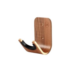 a wooden phone holder with a black handle