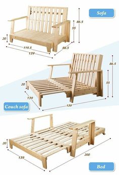 three different types of wooden furniture with measurements for each seat and the other side by side