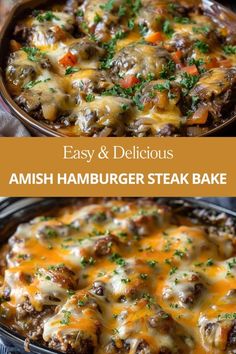 an easy and delicious hamburger steak bake is ready to be eaten in the oven