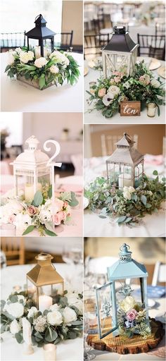 wedding centerpieces with flowers, candles and lanterns