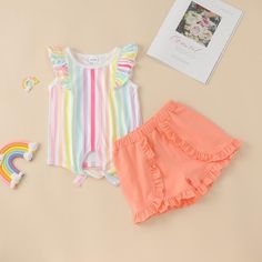 Toddler Girl Colorful Striped Ruffle Armhole Top& Ruffle Trim Shorts Children's Clothing - PrettyKid Ruffle Trim Shorts, Cool Baby Clothes, Striped Vests, Toddler Costumes, Girls Stripes, Girls Summer Outfits, Girls Boutique, Short Suit, Toddler Girl Outfits