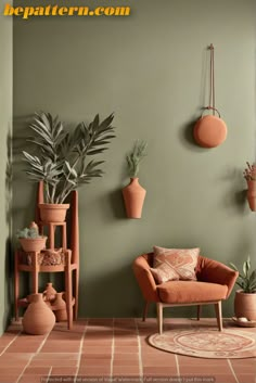 a living room with potted plants on the wall and an orange chair next to it