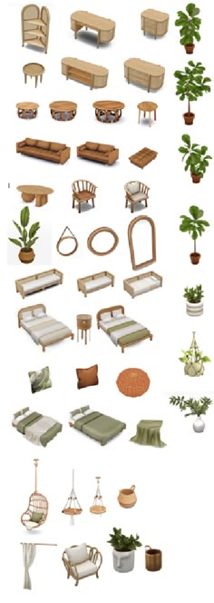 various types of furniture and plants are shown in this graphic art work, including couches, chairs, tables, and coffee tables