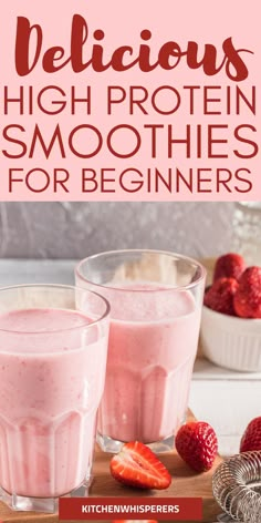 two glasses of smoothie with strawberries on the side