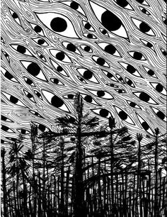 an abstract black and white drawing of trees in the distance with circles flying above them