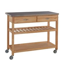 a wooden kitchen island with two drawers on wheels