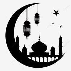 the moon with arabic lanterns and stars on it, black and white, background, illustration png and psd