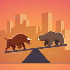 two bull and bear on balance scale in front of cityscape