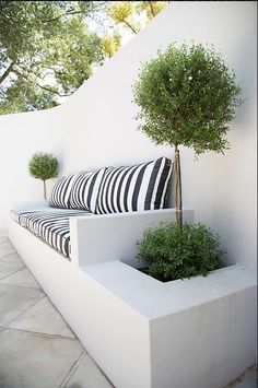 a white bench sitting next to a tree on top of a cement slab covered ground