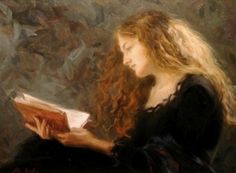 a painting of a woman reading a book with long hair and wearing a black dress