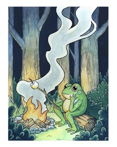 a painting of two frogs roasting marshmallows over a campfire in the woods