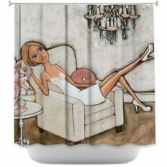 a shower curtain with a drawing of a woman laying on a couch in front of a chandelier