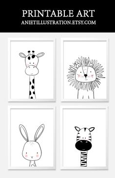 four black and white prints with animals on them