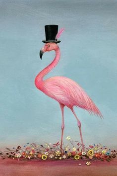 a painting of a pink flamingo wearing a top hat