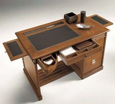 an office desk with a chalkboard on the top and two drawers underneath it, in front of a white background