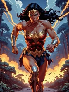 wonder woman running through the jungle with lightning behind her and trees in the back ground