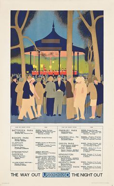 an old poster shows people standing in front of a gazebo at night, surrounded by trees