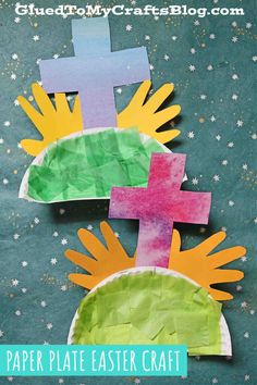 paper plate easter craft for kids with crosses on the top and stars in the background