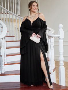 Plus Cold Shoulder Split Thigh Chiffon Dress Elegant Long Sleeve Bridesmaid Dress Black   Extra-Long Sleeve Chiffon Plain A Line Non-Stretch  Weddings & Events, size features are:Bust: ,Length: ,Sleeve Length: Black Dress Plus Size, Mesh Bridesmaids Dress, Long Sleeve Bridesmaid Dress, Plus Size Black Dresses, Dress Elegant Long, Black Dress Formal, Black Bridesmaid Dresses, Bridesmaid Dresses Plus Size, Extra Long Sleeves