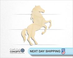 a wooden cutout of a horse with the text next day shipping