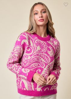 Achieve cozy comfort and feminine flair with our Pink Paisley Sweater. This warm and soft garment boasts a beautiful paisley design, making it a chic addition to any wardrobe. Experience stylish comfort with every wear. Fashion Inspiration 2023, Christmas Wishlist 2022, Outfit Rosa, Colorful Closet, Paisley Sweater, Seasonal Color Analysis, Fashion Fantasy, Print And Pattern, Winter 23