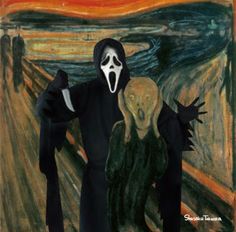 two people wearing masks standing in front of a scream painting with the scream on it's face