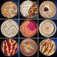 nine different types of pies are shown in multiple pictures, each with an intricate design