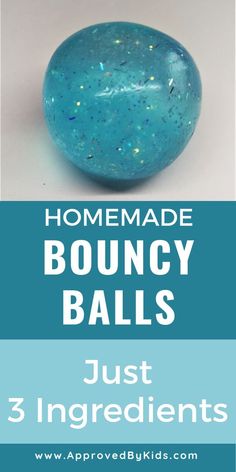 an egg with blue speckles and the words homemade bouncy balls just 3 ingredients