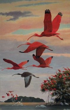 several birds flying in the sky above water and trees with red flowers on it's side