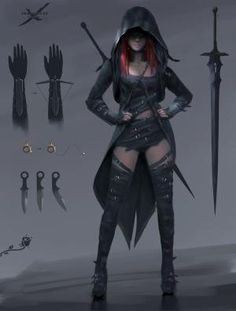 a woman with red hair and black clothes is standing in front of knifes, knives and scissors