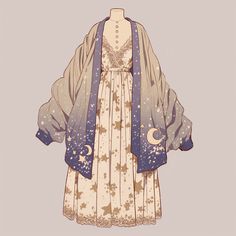 an illustration of a dress with stars and moon designs on the front, in blue and white