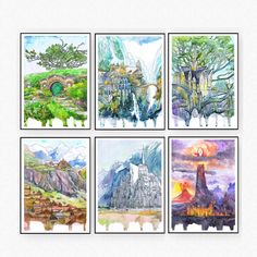 four different colored paintings with mountains and trees in the background, all on white paper