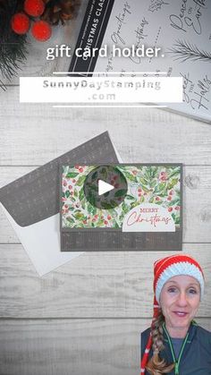 a woman wearing a christmas hat next to an envelope with the words sunnyday stamping on it