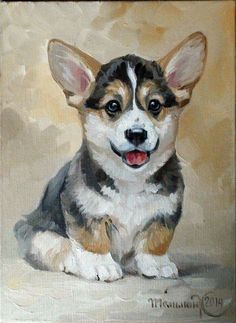 a painting of a dog sitting on the ground with it's tongue hanging out