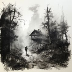 a black and white drawing of a person walking down a dirt road in front of a house