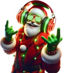 an animated santa clause with headphones and glowing green lights giving the peace sign in front of him