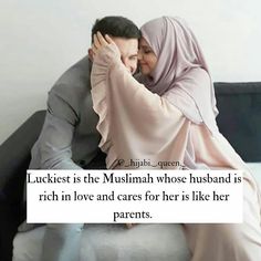 a man and woman sitting next to each other on top of a bed with the caption luckiest is the muslim whose husband is rich in love and cares for her like her